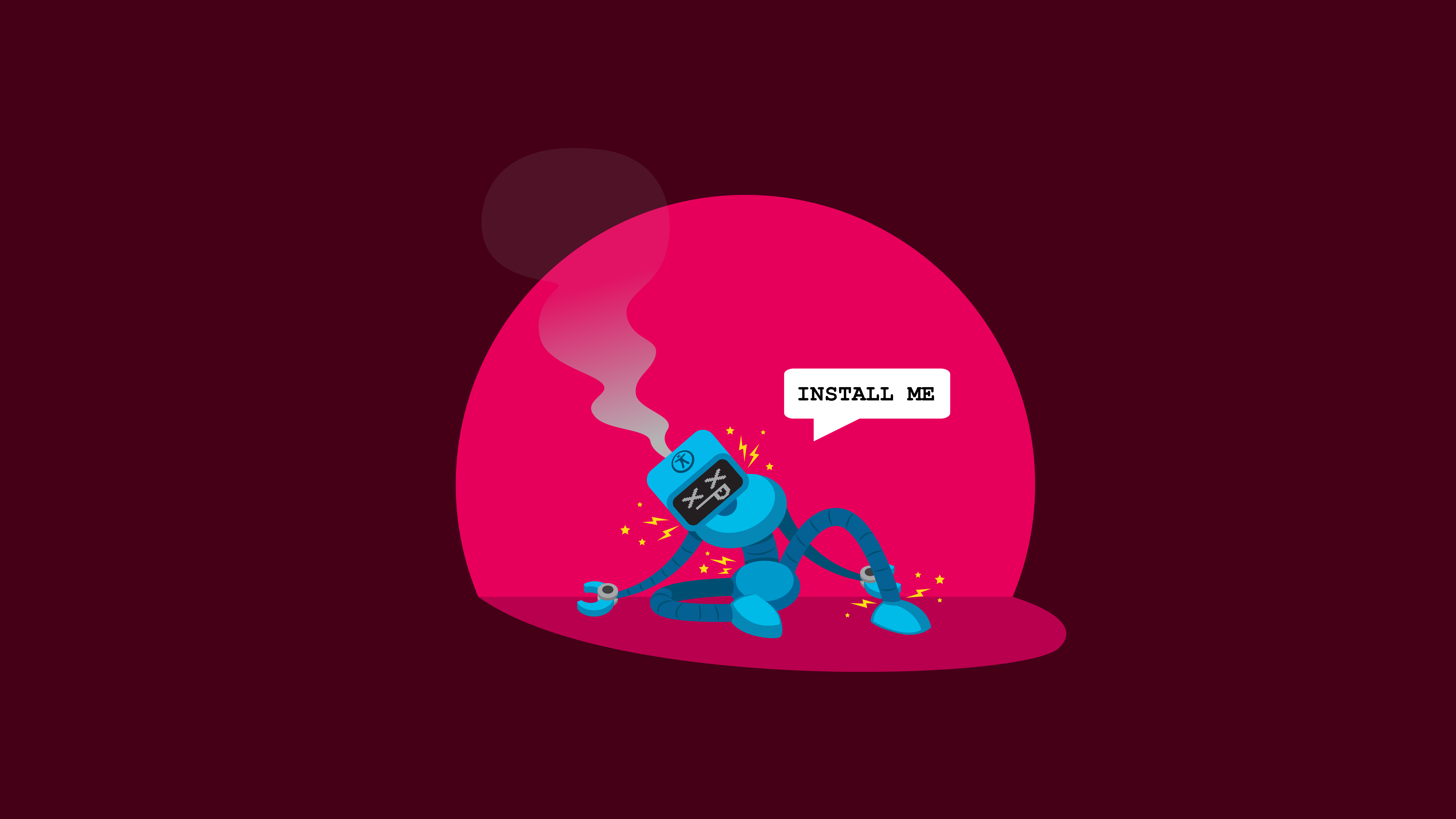 a broken robot, badged with the universal design logo, electricity crackling and smoke rising from it saying 'install me'